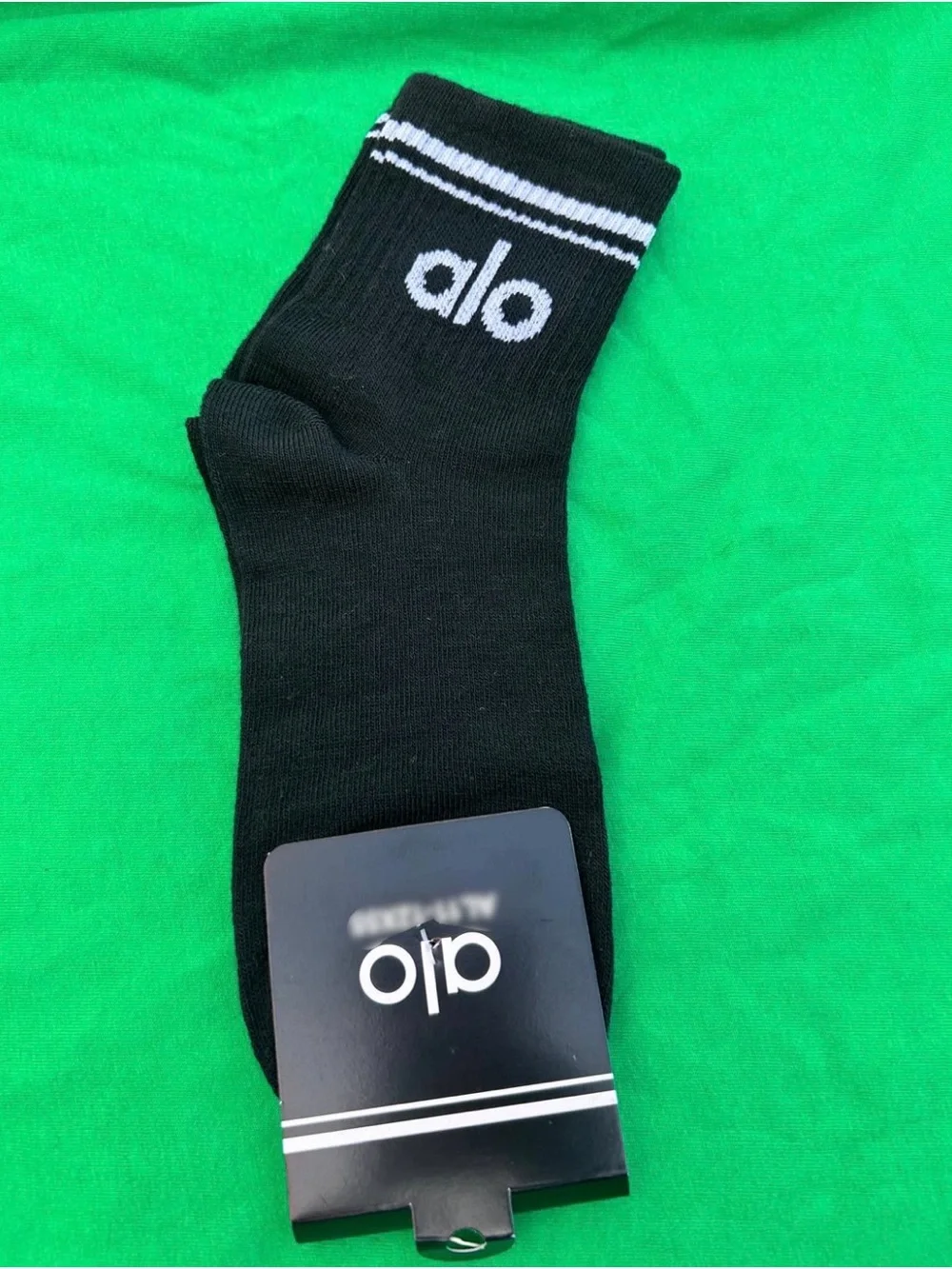 ALO Yoga Black Crew Socks with White Logo Stripe